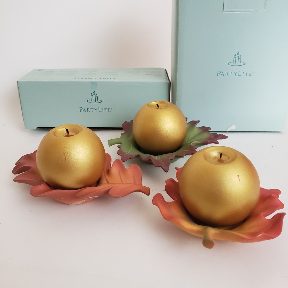 PartyLite Whispering Leaves Trio Candle Holders Fall Decor & Gold Ball Candles